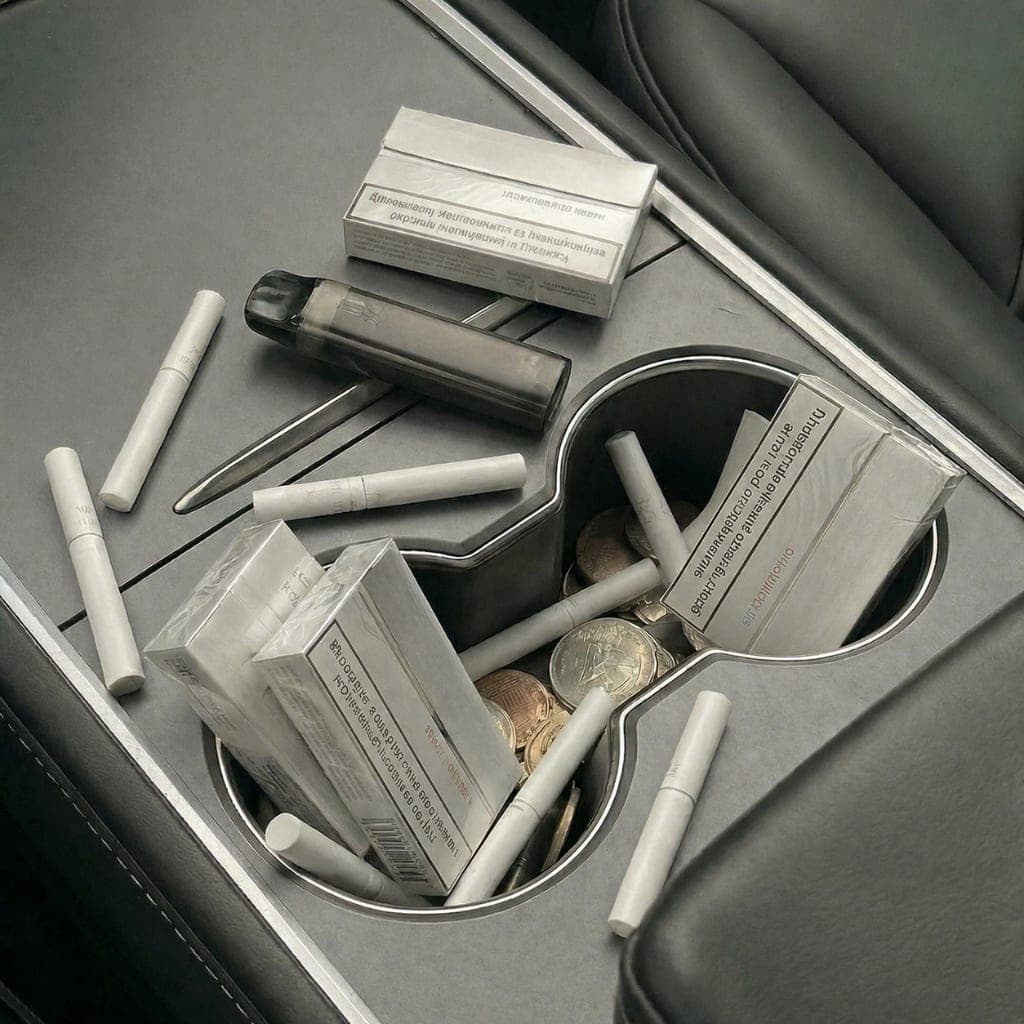 Before Heat Cup — messy car cup holder full of ash and used heated tobacco sticks